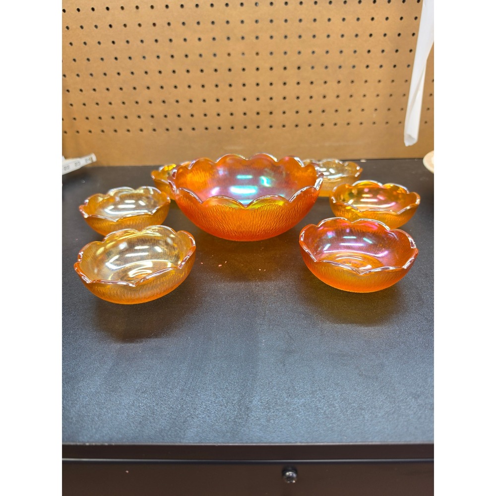 Indiana Glass Marigold Carnival Berry Bowl Set 7pc Iridescent Orange Scalloped